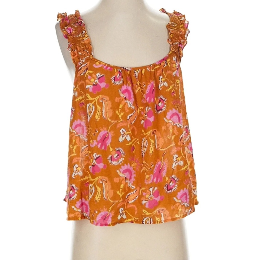 Xirena Floral Ruffle Trim Orange and Pink Women's Top